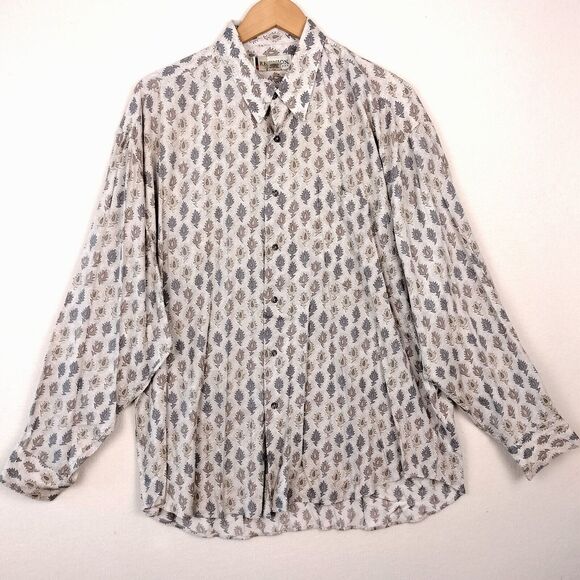 Reunion Shirt Mens XL Tan Long Sleeve Button Up Rayon All Over Print AOP Y2K VTG - Picture 3 of 12